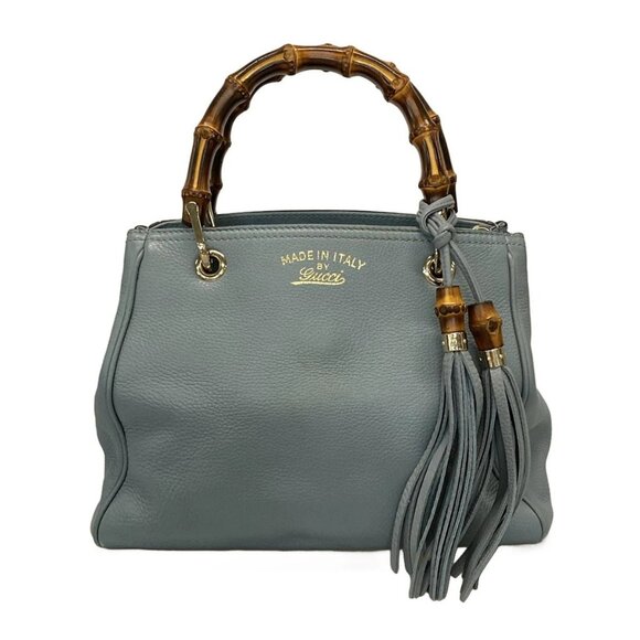 Auth GUCCI Bamboo Shopper 336032 Light Blue Brown Leather Bamboo - Tote Bag - Picture 1 of 16